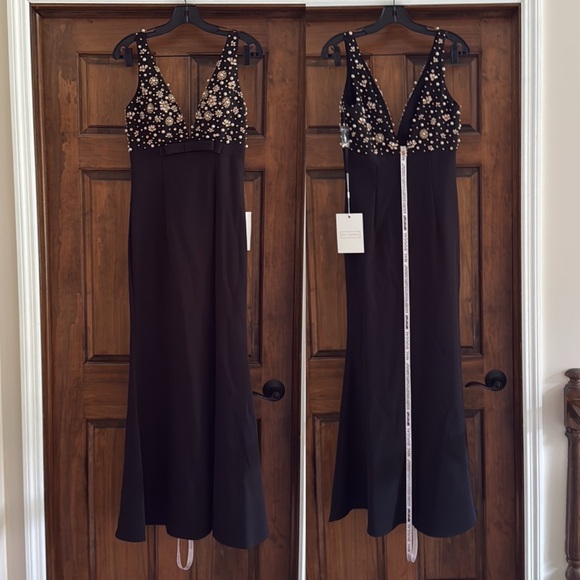 MAC DUGGAL Black Crepe Sleeveless Beaded Crystal Pearls V Neck Gown Bow NWT $458 - Picture 6 of 15